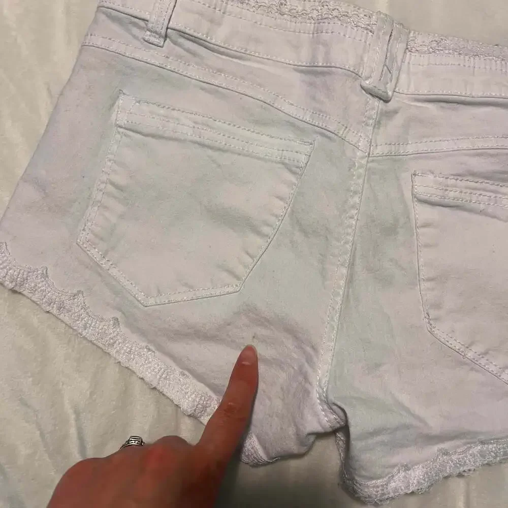Rewind Low Rise Lace Trim White Denim Micro Mini Shorts - Picture 4 of 5